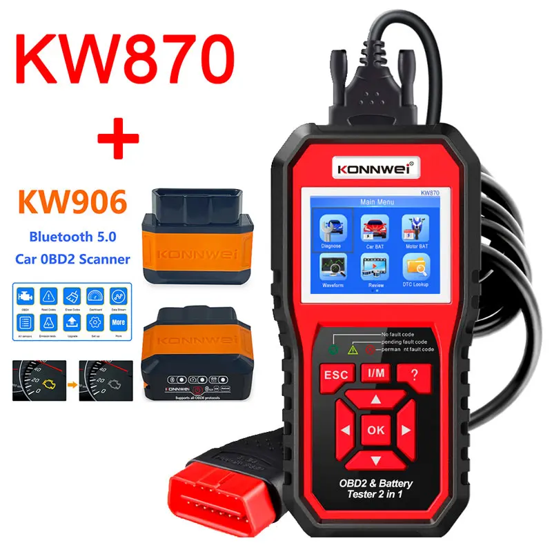 KONNWEI KW870 12V Car Battery Tester Analizer Auto Diagnostic Tools Battery Match 3 in 1 OBD2 Scanner + KW906 Code Readers