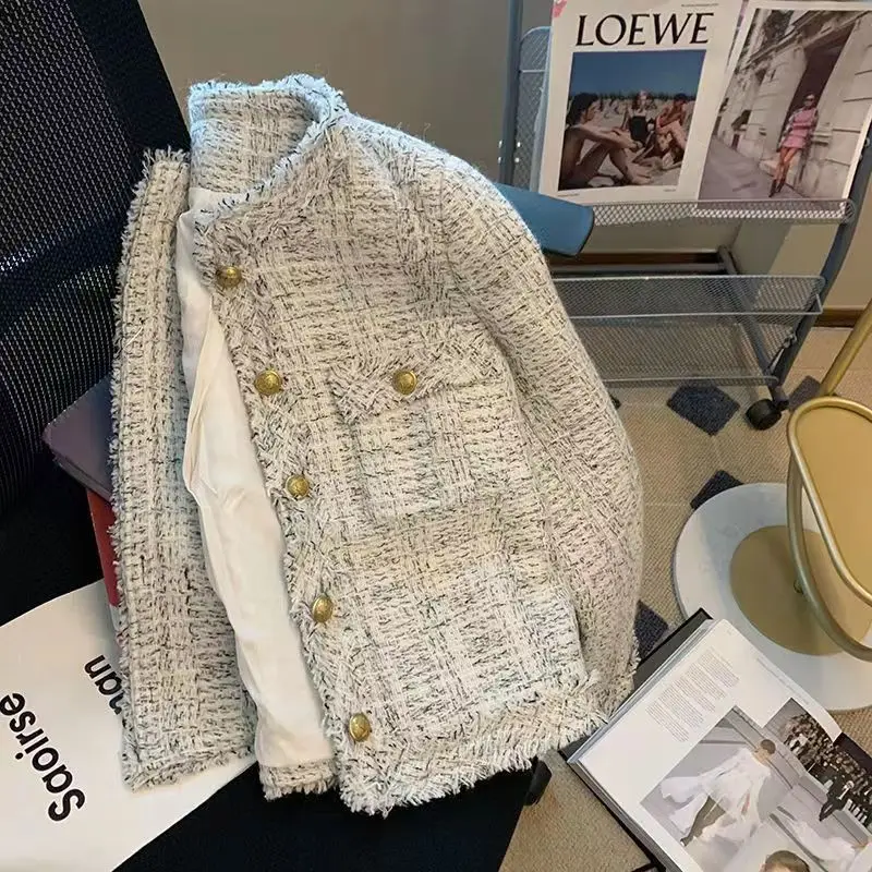 New Fashion Spring Women High Quality Single-Breasted Tweed Woolen Coat Round Neck Long Sleeve Tassel Jacket
