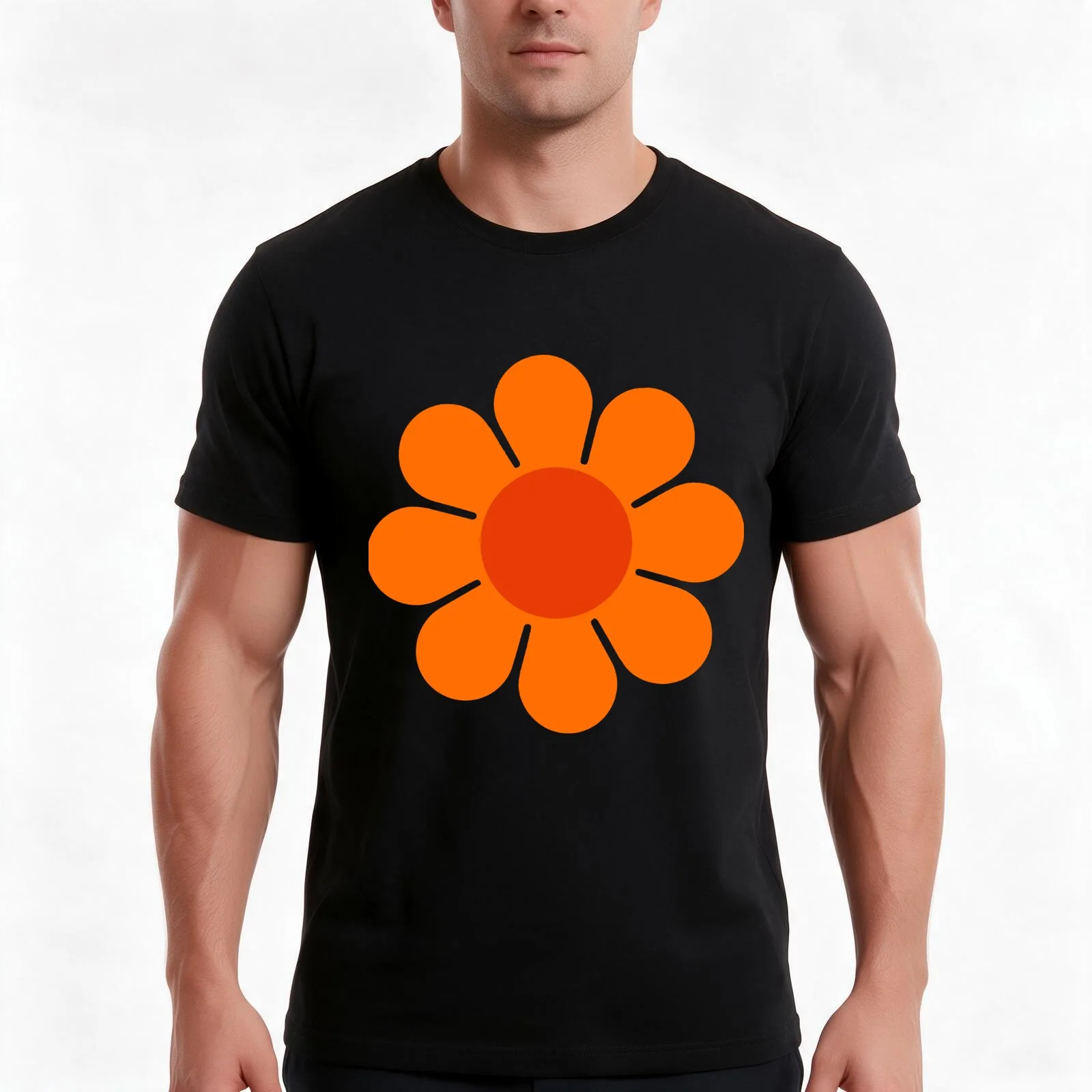 Orange on Orange Hippie Flower Daisy T-Shirt, Summer Casual Cotton Tee, Oversized Streetwear Tops, Vintage Graphic Print