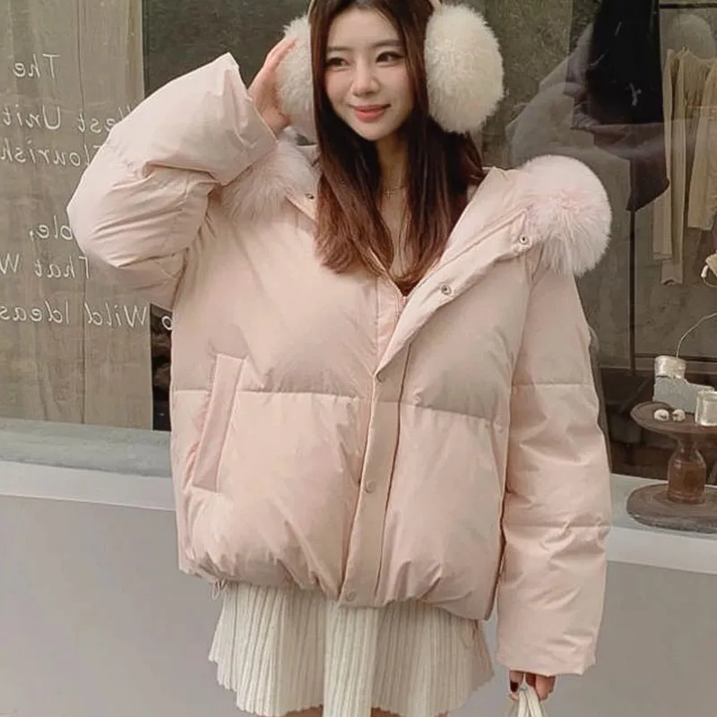 

Boutique Pink Winter Parkas Women Fashion Long Sleeve Faux Fox Hooded Coat Thick Warm Korean Lady Chic Cute Cotton Jacket New