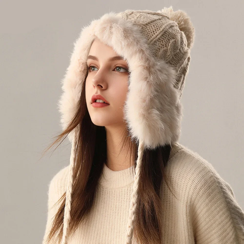 قبعة نسائية محبوكة من فراء الأرنب للخريف والشتاء مع بطانة مخملية، حماية دافئة للأذن، قبعة صغيرة عصرية متعددة الاستخدامات