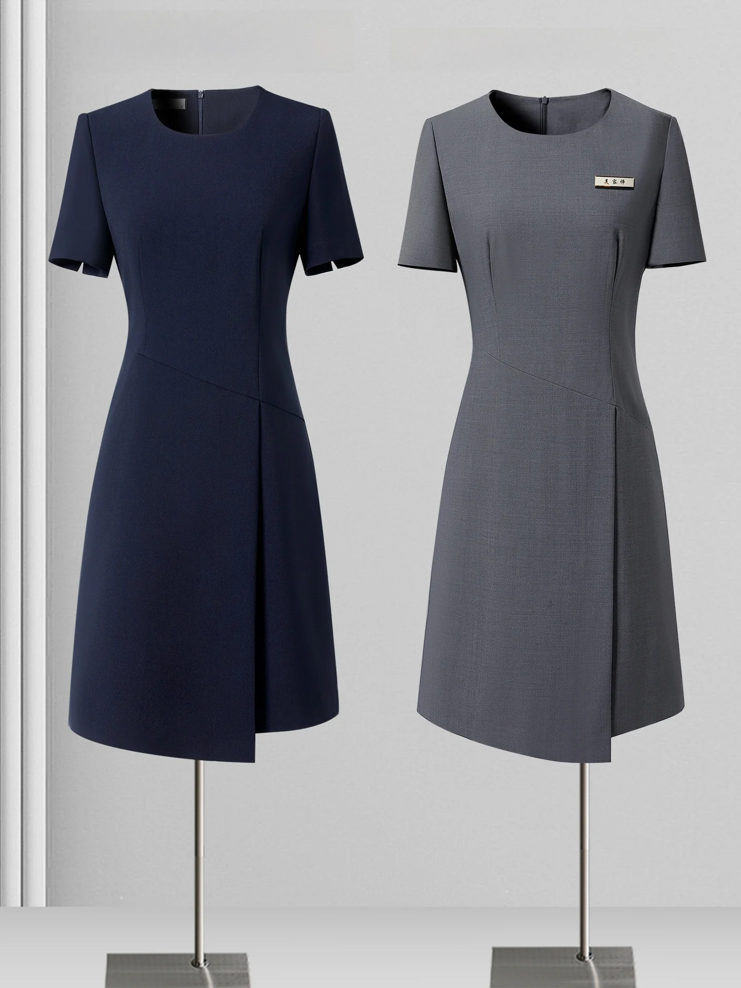 

Business Casual Women's Short Sleeve Wrap Waist Dress Fashionable Beauty Advisor Sales Assistant Work Uniform Polyester Spandex