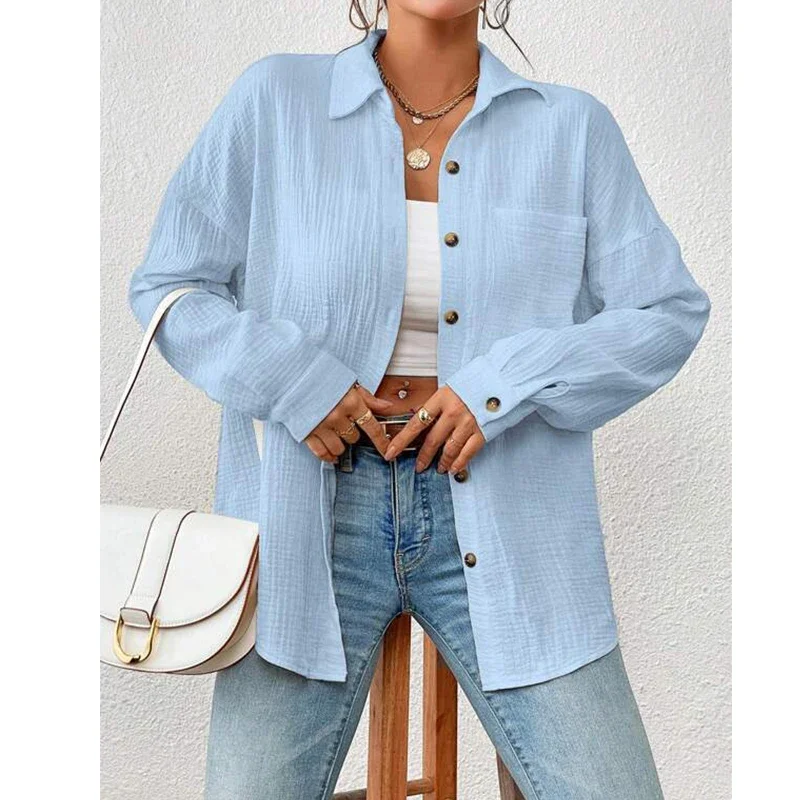 Muslin 100% Cotton Gauze Shirts for Women Casual Turn Down Collar Long Sleeve Top Streetwear Office Lady Retro Blouse