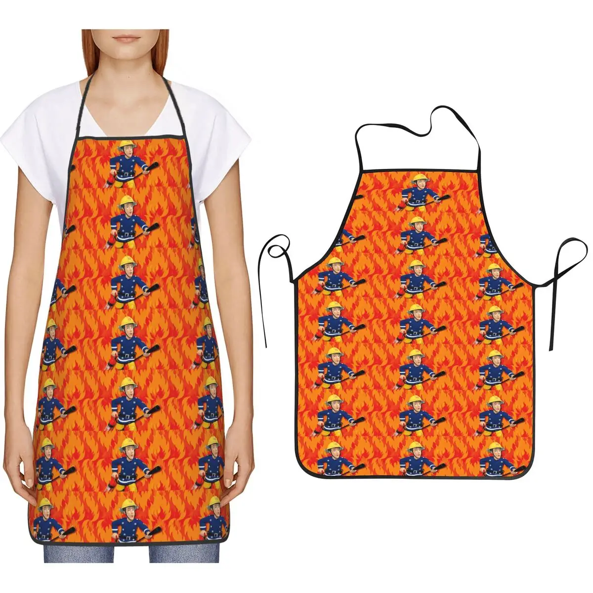 Cartoon Firefighter Fireman Sam Apron Chef Cooking Baking Tablier Bib Kitchen Cleaning Pinafore for Women Men Gardening