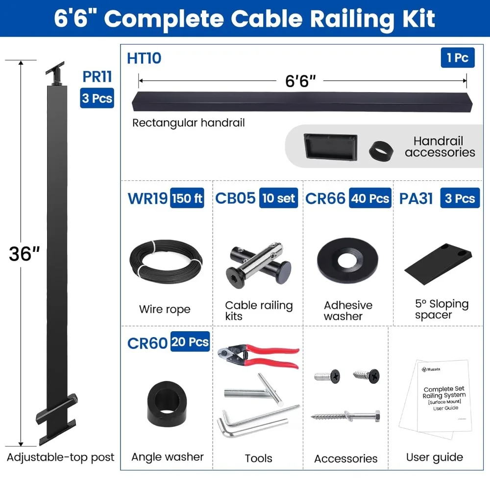 Muzata 3-6.6ft Adjustable Black Cable Railing System for Sloped Areas with 36 Post and Handrail