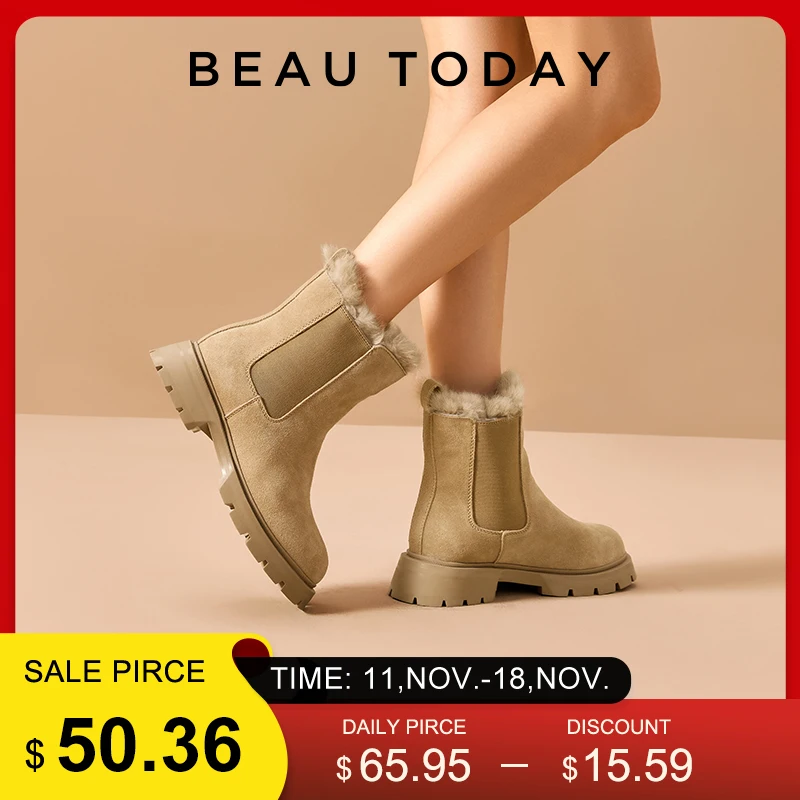 BeauToday Chelsea Boots Women Suede Leather Snow Boots Warm Fur Round Toe Ladies Platform Shoes Handmade 08206