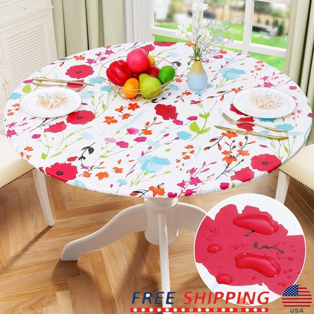 

Round Fitted Tablecloth Waterproof Elastic Edge Oil Proof Vinyl Table Cover Flannel Backed Easy Clean Durable Protector Indoor
