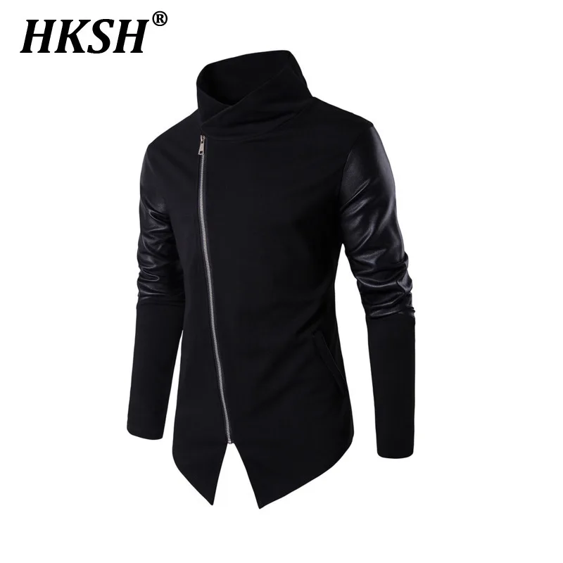 HKSH Spring Autumn New Fashion Cotton Sweatshirt European Size Stand Collar Slim Sweater Patchwork Leather Patchwork Tops HK0995