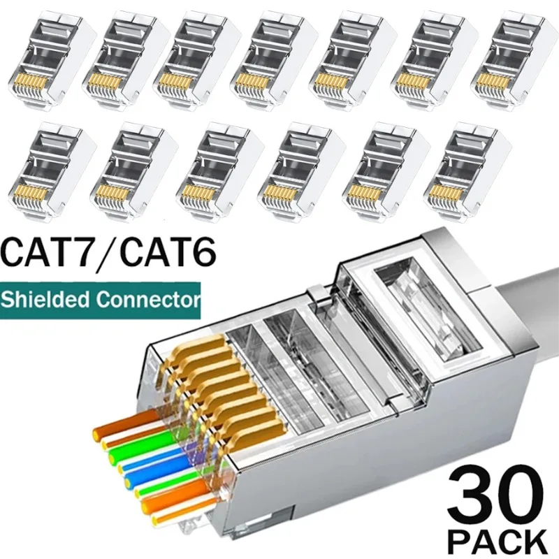 1/5/10/30Pcs Pass Through RJ45 Cat7/Cat6/Cat5 Shielded Connectors Crystal End Gold-Plated 8P8C Crimp UTP Ethernet Modular Plugs