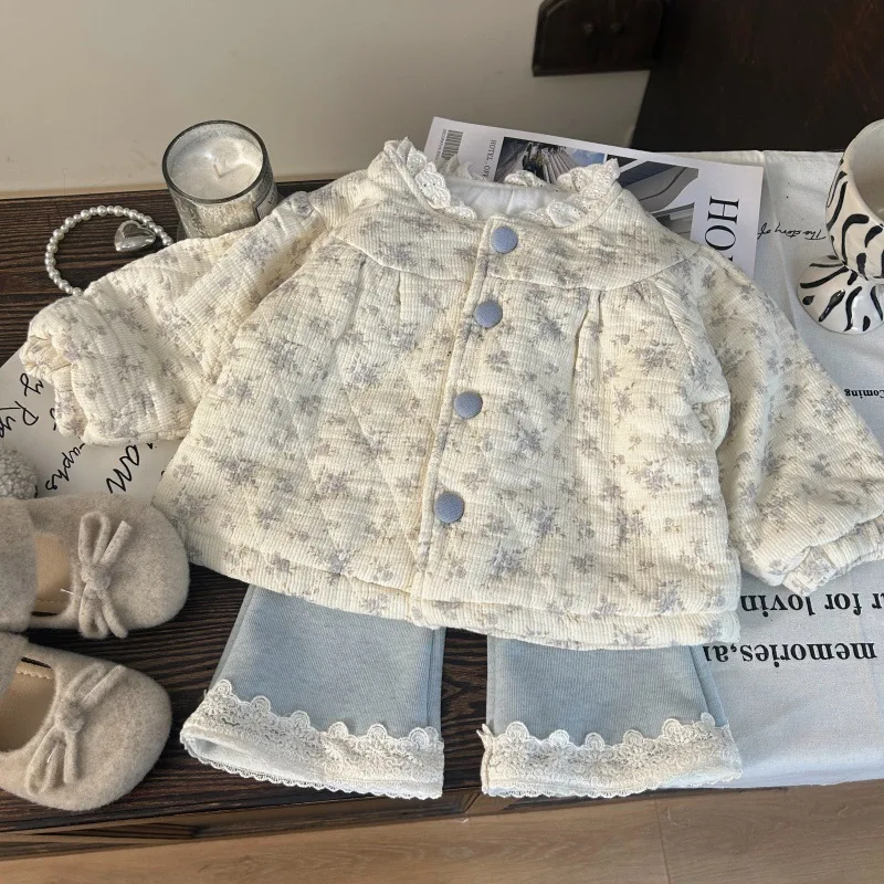 

Infant Baby Girl Winter Clothes Set Floral Pattern Lace Thick Warm Toddler Kids Girl Parkas+lace Little Girl Bell Bottom Pants
