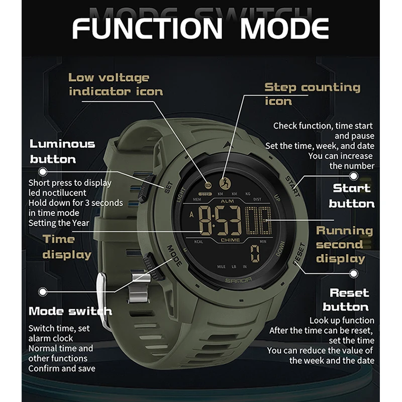 SANDA Luxuri Men Watche Sports Pedometer Calories 50M Waterproof LED Digital Watch Outdoor Military Wristwatch Relogio Masculino