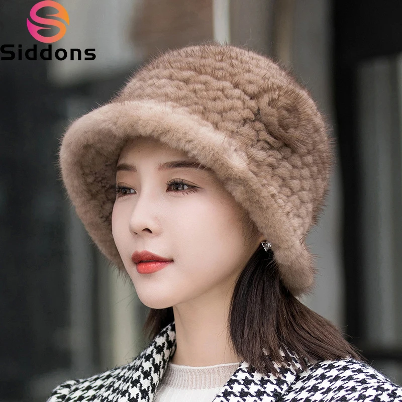 Sombrero de visón liso para mujer, gorros de piel de visón Natural con flores, sombreros de cubo de piel Real de punto suave para niña rusa, cálidos, invierno, 2024