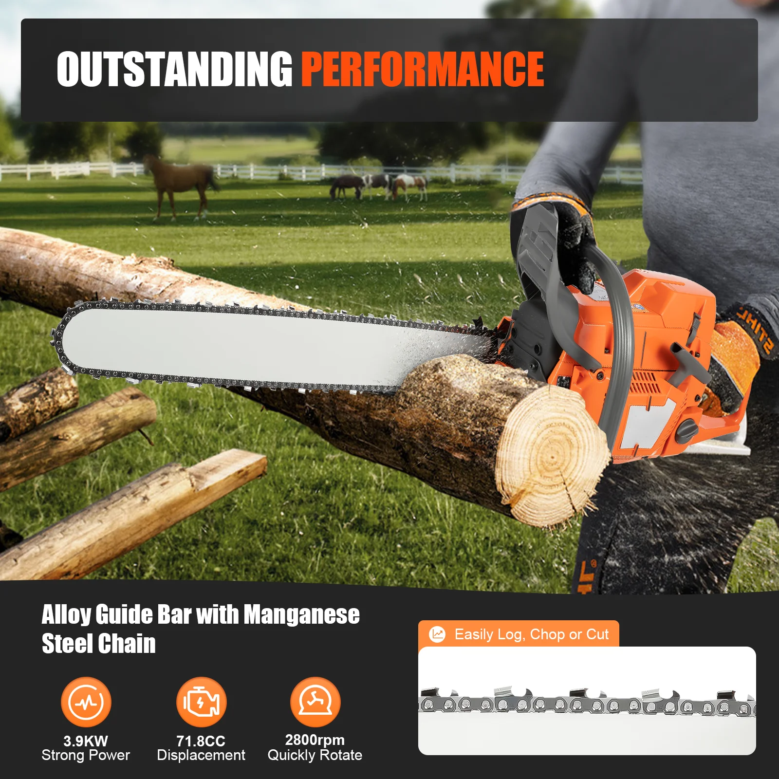 Gas powered chainsaw, 71.8cc 2-stroke chainsaw, 3.9kW logging saw, 24 inch bar chain saw, professional forestry chainsaw