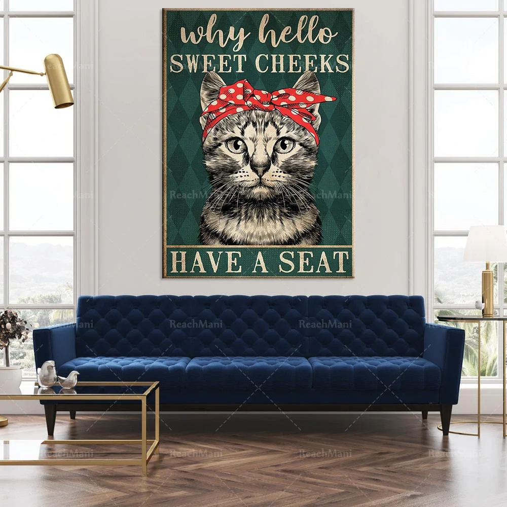 Why are cats hello sweet cheek poster, wall poster, retro style, funny kitten decoration poster