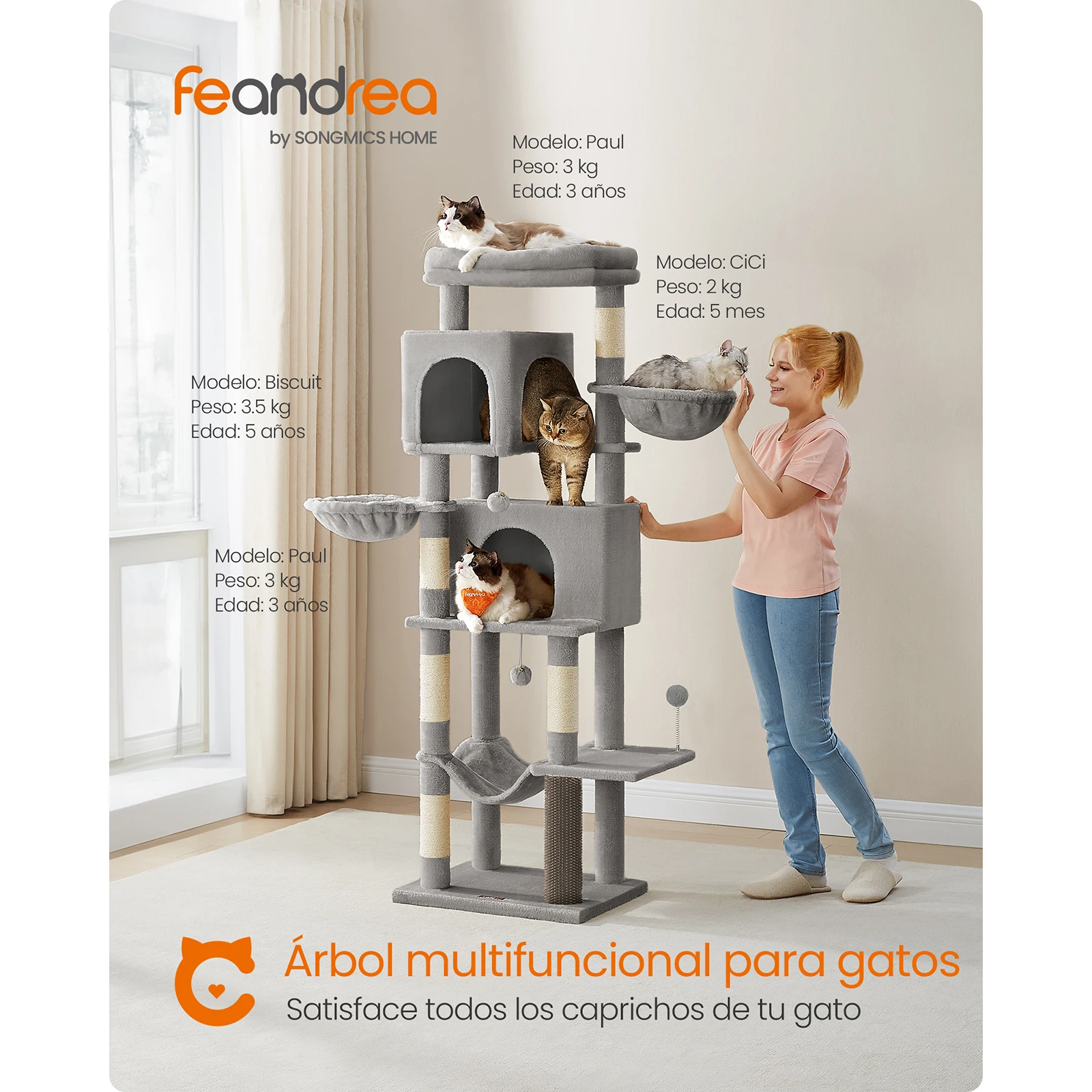 Feandrea 175cm Cat Tree: Tall tower with 2 caves, 2 baskets, 5 posts, self-groomer, perch, hammock, for indoor cats