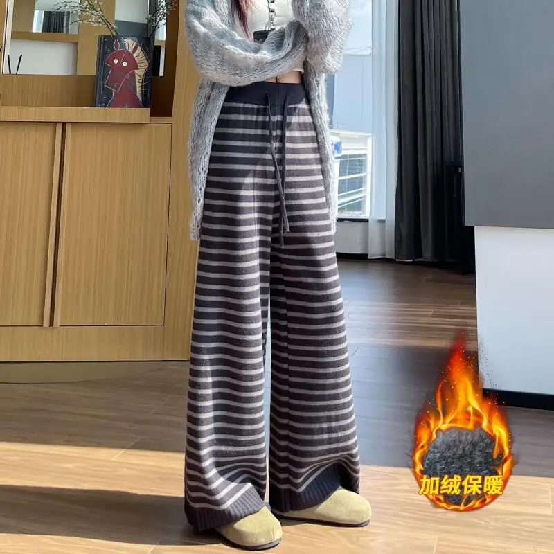 Frauen Herbst Und Winter Faul Streifen Fleece Breite Bein Hosen Frauen verdickt Elastische Taille Kordelzug Hohe Taille Schlank Gerade