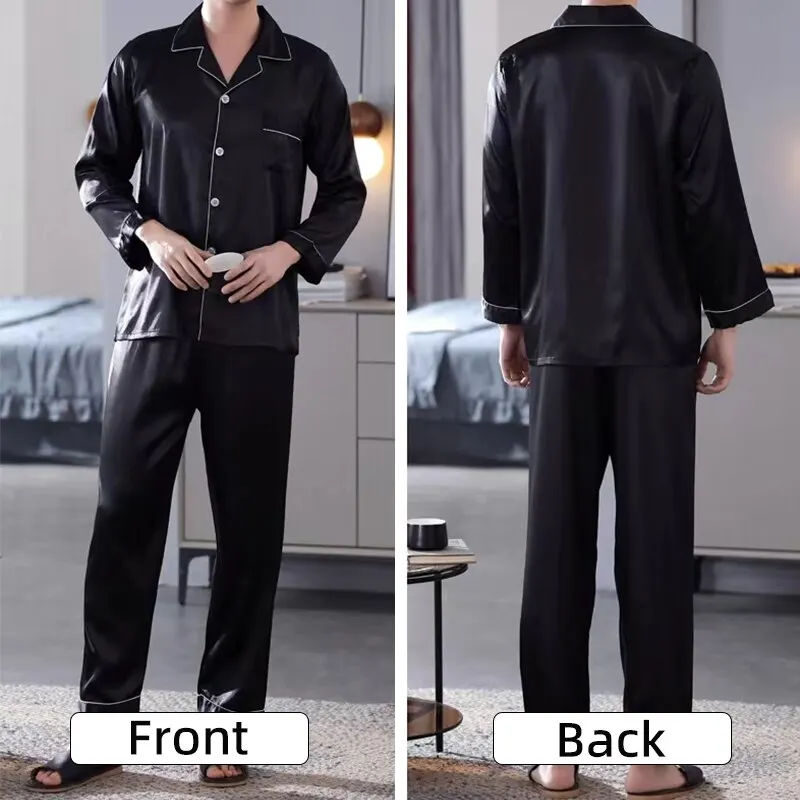 Men Ice Silk Pajamas Sleepwear Pajama Sets Nightclothes Black Blue L XXL 3XL 4XL Long Sleeves Long Pants Smooth Solid Color