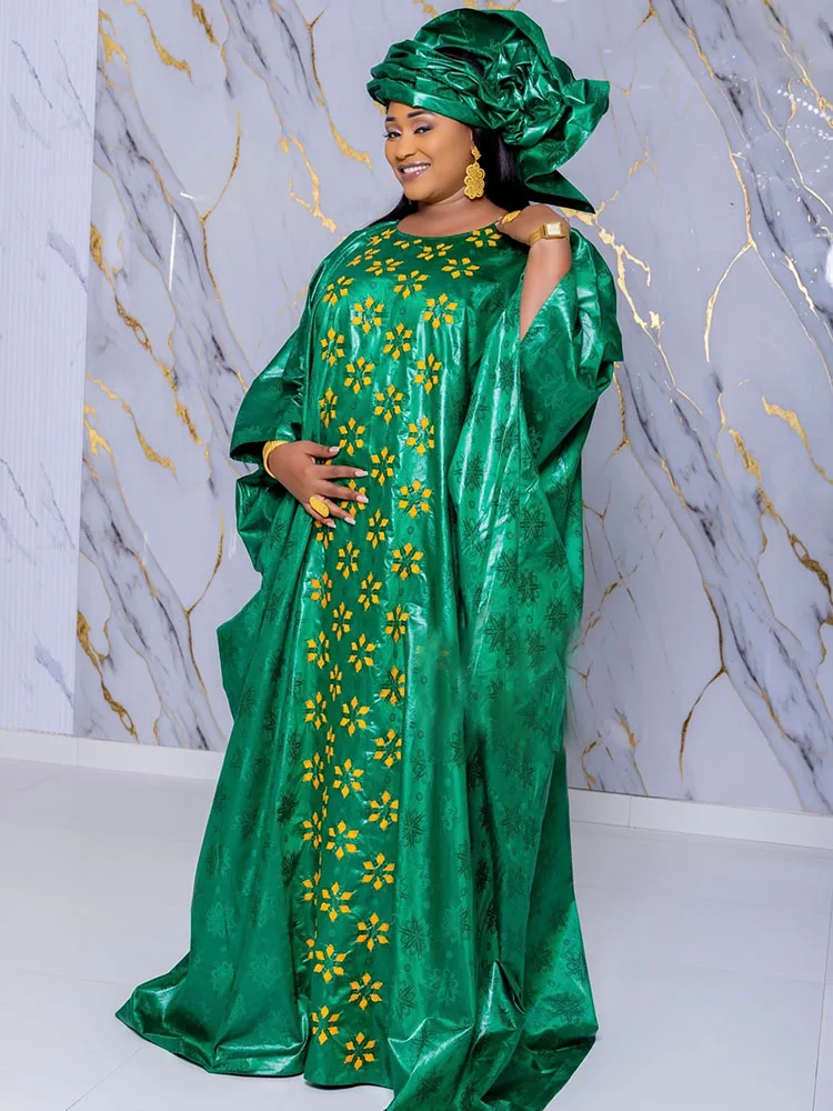 Green African Traditional Wedding Women Daily Party Ankara Women Boubou With Scarf Top Quality Bazin Riche Dashiki Robe