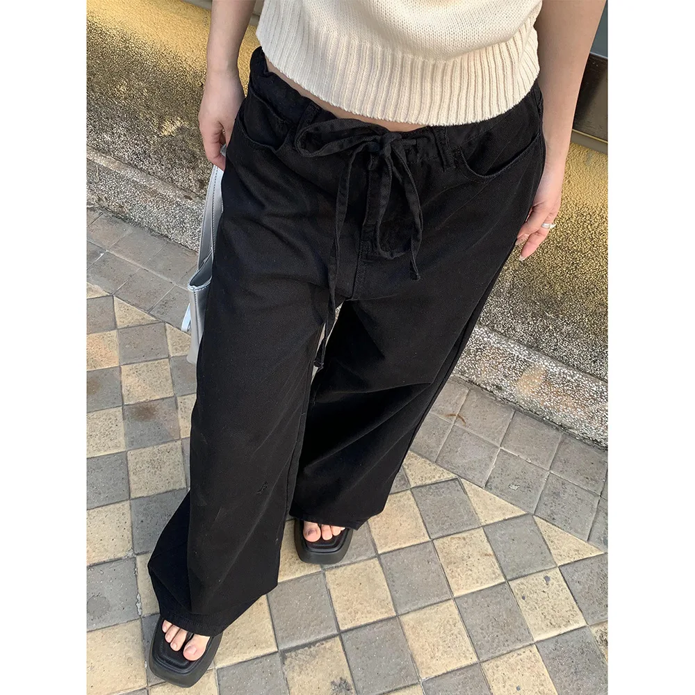 Y2K Womens Drawstring Pants Spring Lazy Style Loose Versatile Wide Leg Jeans