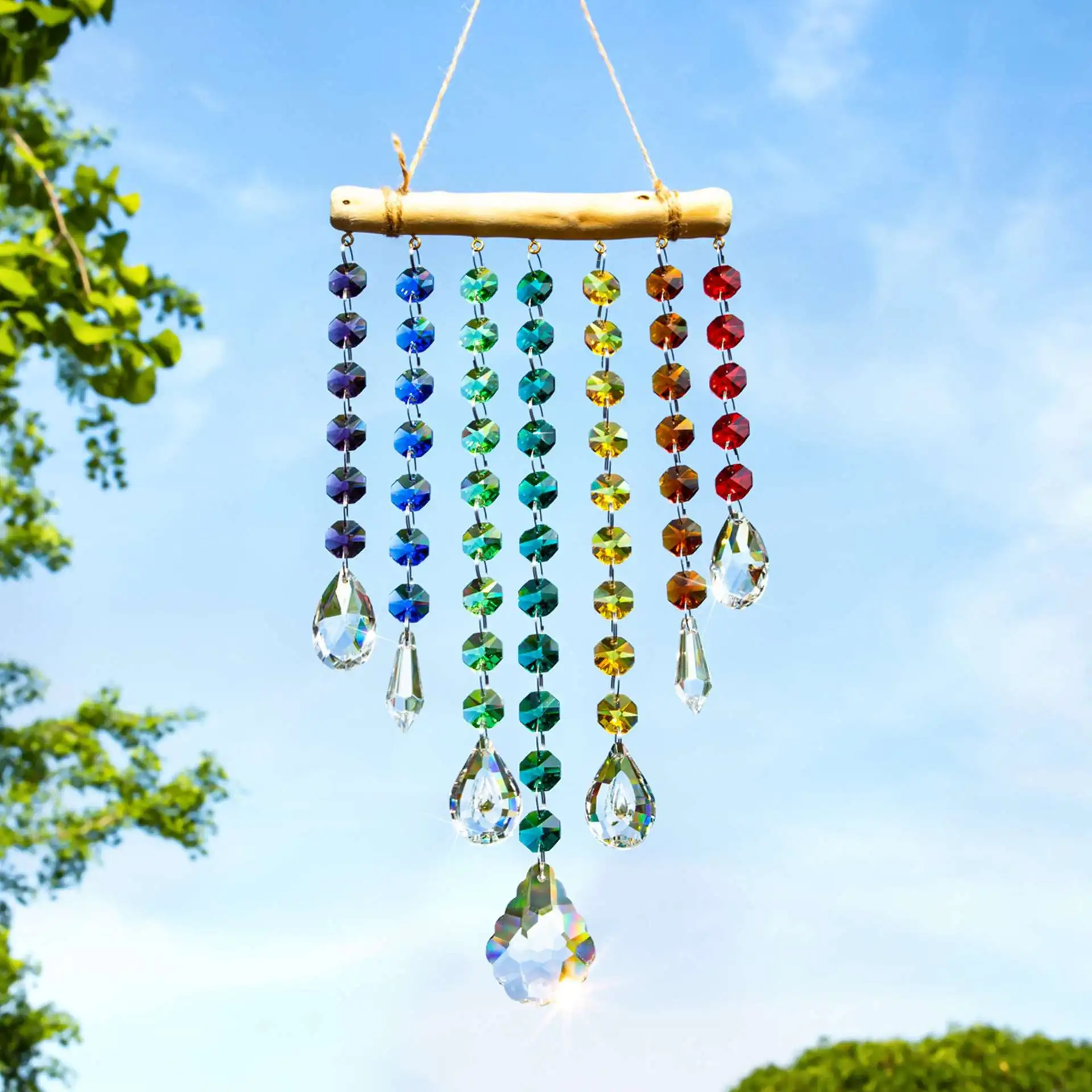 Suncatcher Irregular Wooden Stick Fantasy Crystal Wind Chime Hanging Window Room Illusion Rainbow Hanging Decoration