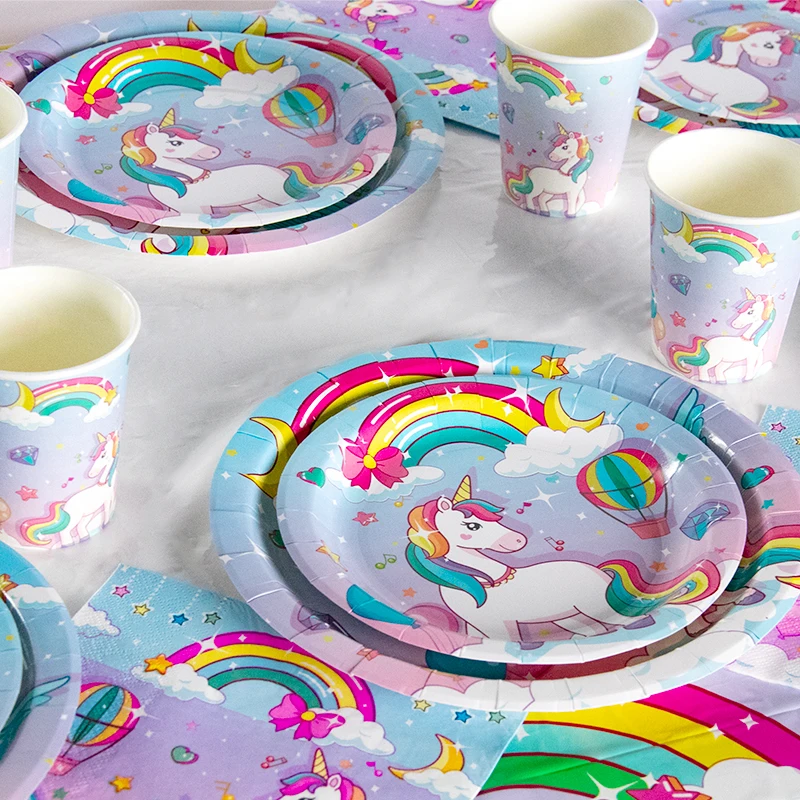 Jednorożec Dekoracje na imprezę Jednorazowa zastawa stołowa Papierowe talerze Kubki Serwetki Urodziny dla dzieci Baby Shower Zaopatrzenie firm — zdjęcie 3