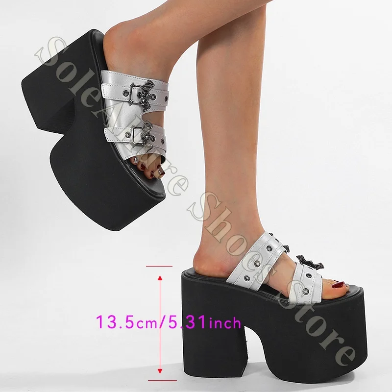 Platform Slide Sandals Double Straps Metal Bat Buckle Non Comfortable Cushioned Supportive Lightweight Breathable Gothic Sandals