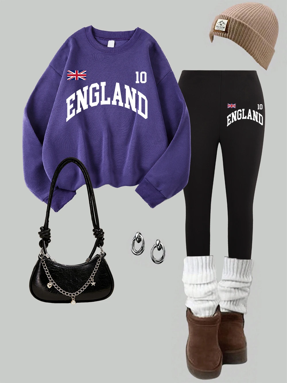 2-teiliges Damen-Sweatshirt-Leggings-Set mit England-Buchstaben und UK-Druck, Herbst, warme Fleece-Hoodie-Hosen, Straße, lässige Damenkleidung