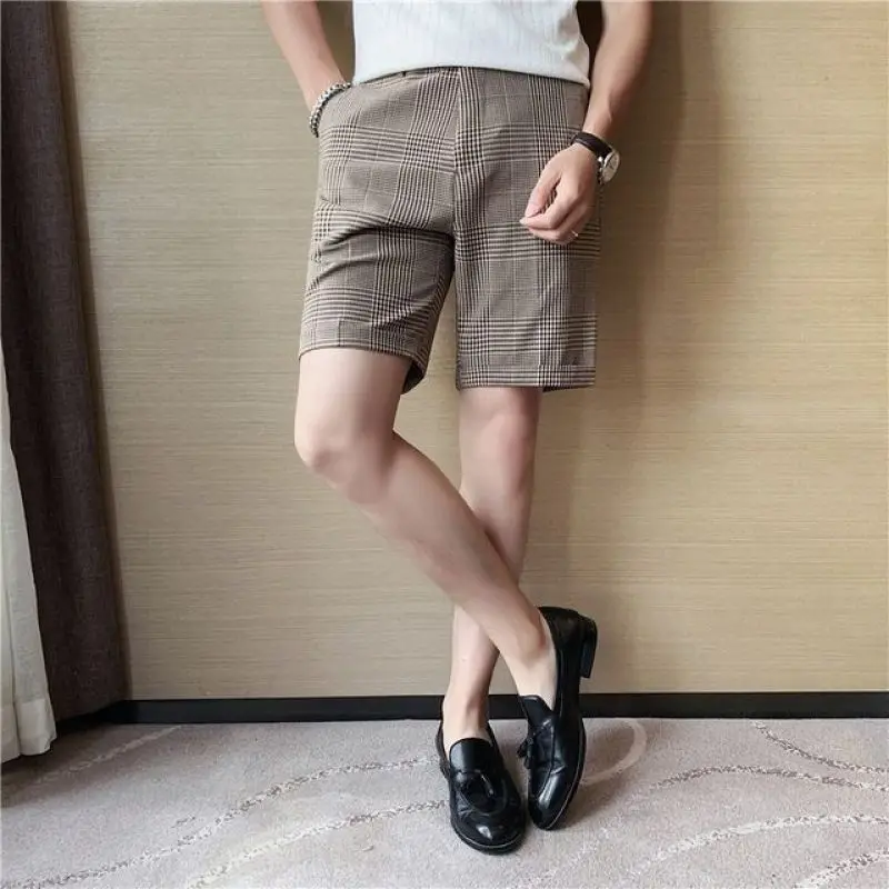 2024 Zomer Mode Britse Stijl Hoge Taille Slim Fit Duizend Vogel Raster Bedrukt Met Knoop Zak Casual Losse Knielengte Korte Broek