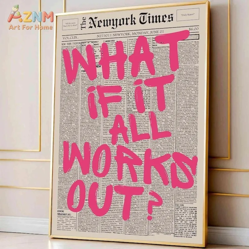 AZNM Vintage Newspaper Background Canvas Print What If It All Works Out Inspirational Text Unframed Canvas Wall Art Modern Bedro