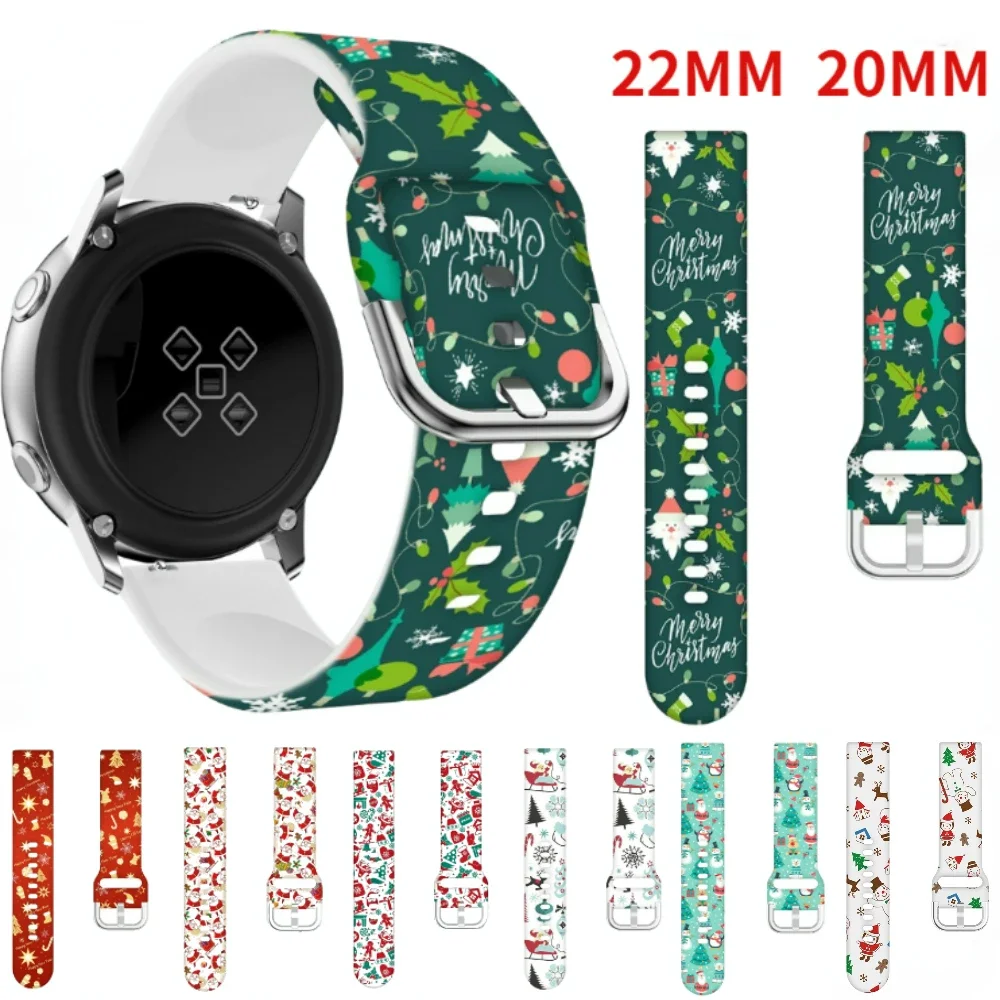 

Силиконовый ремешок с рождественским принтом 20 мм 22 мм для Samsung Galaxy Watch 6 5 4 3 Gear S3, браслет для Huawei Watch 4 Pro/GT3 GT2 2e