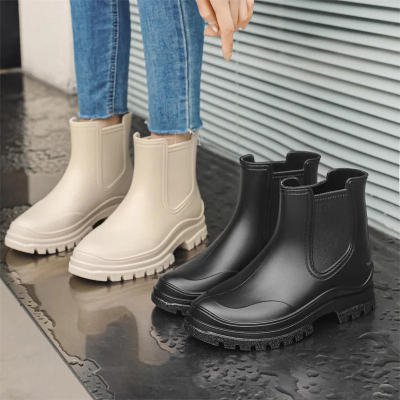 PVC Solid Color Short-tube Rain Boots Women\'s Non-slip Water Shoes Fashion Martin Boots Waterproof Overshoes Rain Boots