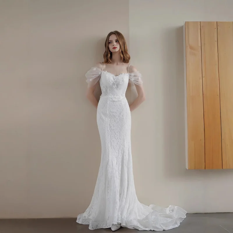 

French Style Strapless Light Wedding Dress Mermaid Lace Slim Fit Bodycon Small Train White Two-Piece Set for Going Out