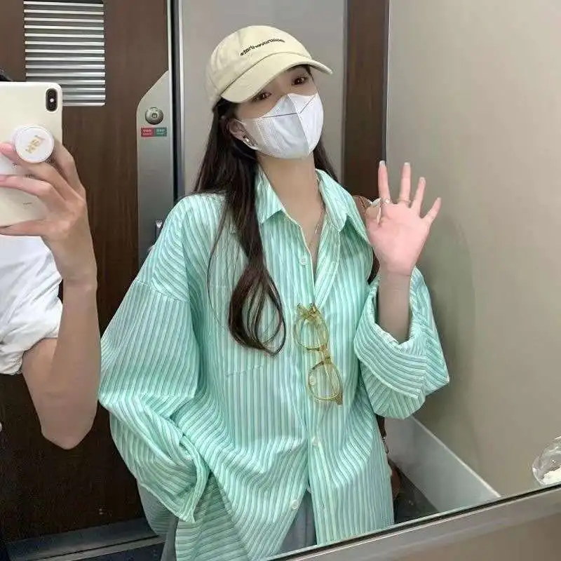 

Ele Women's Striped irt Thin High-End Sunscreen Longs Cleanfit Sle Synthetic Fiber A-Line Sve Non-Sinkage Long S...