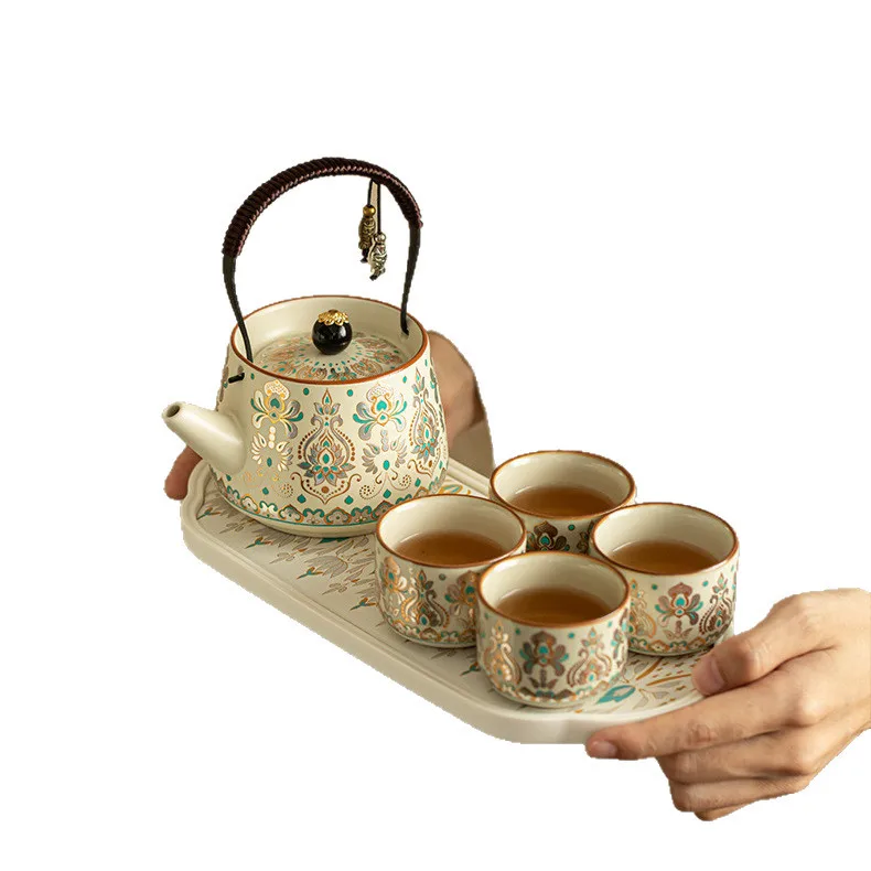 HYS wrong lifting beam pot small set ceramic brewing teapot teacup household kung fu tea set one pot four cups set
