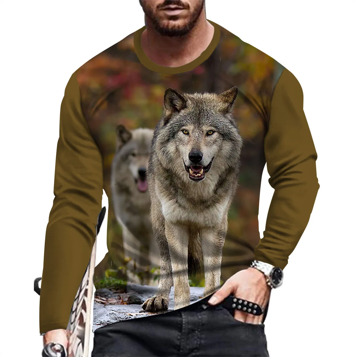 New Coyote Animal Print Summer Men\'s Round Neck T-shirt Casual Long Sleeve Oversized T-Shirt Fashion Pullover Trend Men Clothing