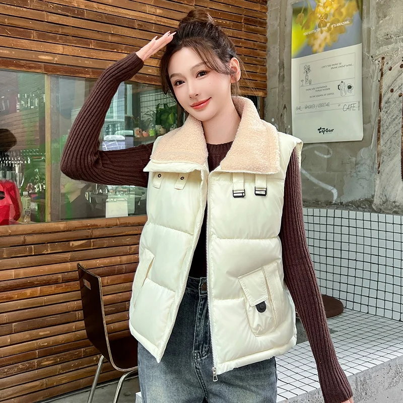 

Lamb Fur Collar Patchwork Cotton Vest Autumn Winter Thiened New Sle Svel oulder Pad Outerwear ort Coat
