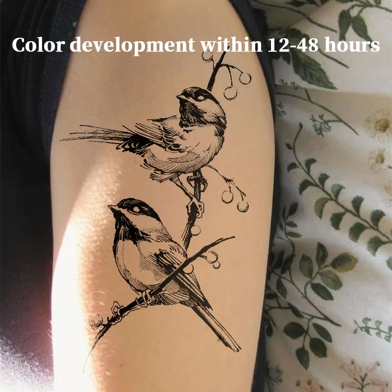 Stippling Sketch Two Chickadees On Branch Herbal Juice Tattoo Sticker Waterproof Fake Tattoo Unisex Forearm Retro Nature Body Ar