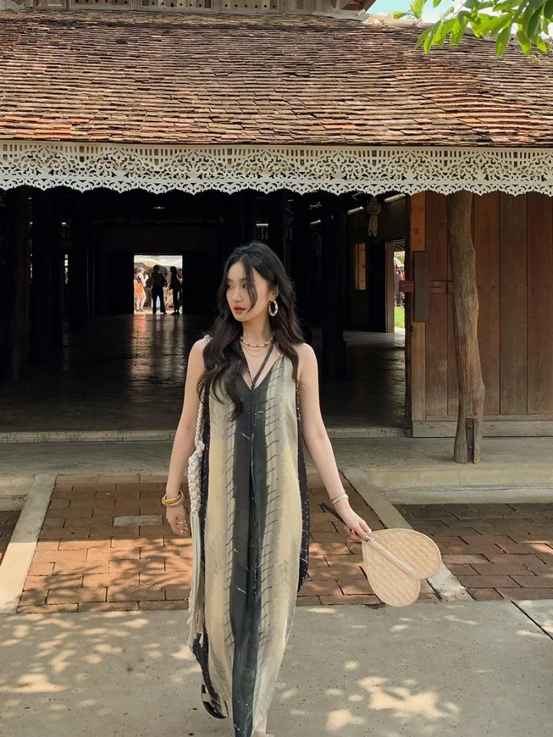 Contrasted Color Printed Halter Maxi Dress for Women Summer Sleeveless V-neck Retro Straight Casual Tank Dresses Female Clothes