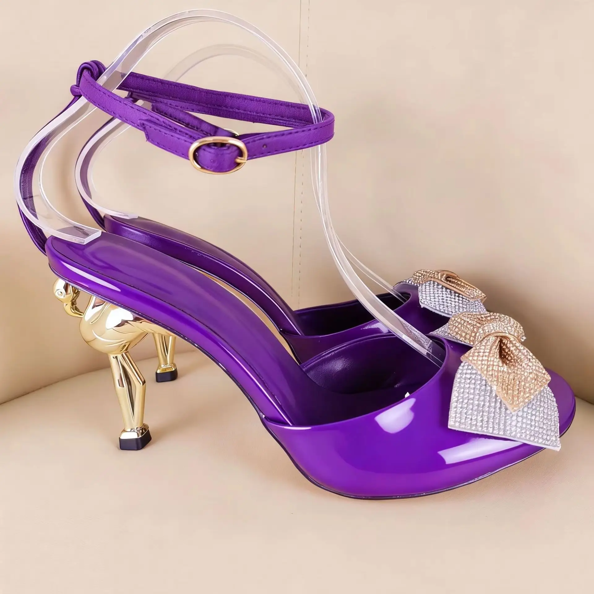 Fuchsia Patent Leather Crystal Bow Decor Sandals Women Gold Sculpture Heel Ankle Strap High Heels Luxury Fashion Party Shoes New