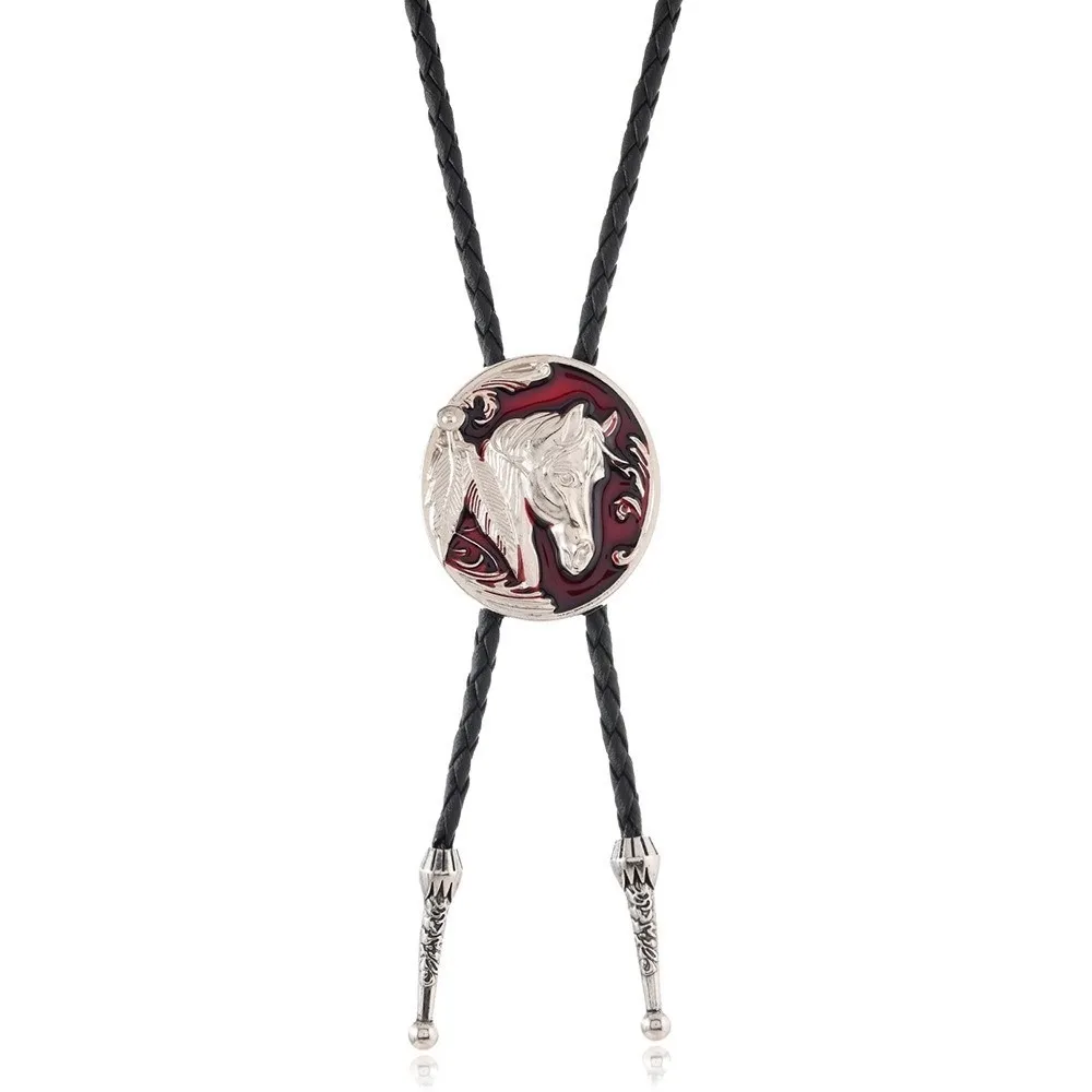 Vintage Oil Drip Horse Head Bolo Tie Necklace Leather Rope Smooth Polished Horse Head Pendant Necklace Alloy Pendant