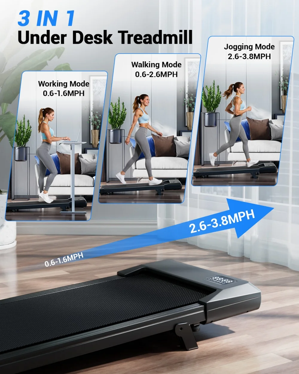 Faltbare Laufbänder unter dem Schreibtisch, 6 % Neigung, 2,5 PS, leises Gehpad, tragbare Fernbedienung, LED-Anzeige, 300 Pfund, Übungs-Walkingpad – Detail 2