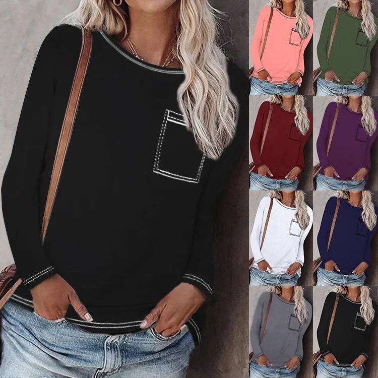 Summer T Shirt Women 2021 New Fashion Loose Round Collar Pure Color Pocket Long Sleeve T-shirt Female Tee Tshirts MYJ168080