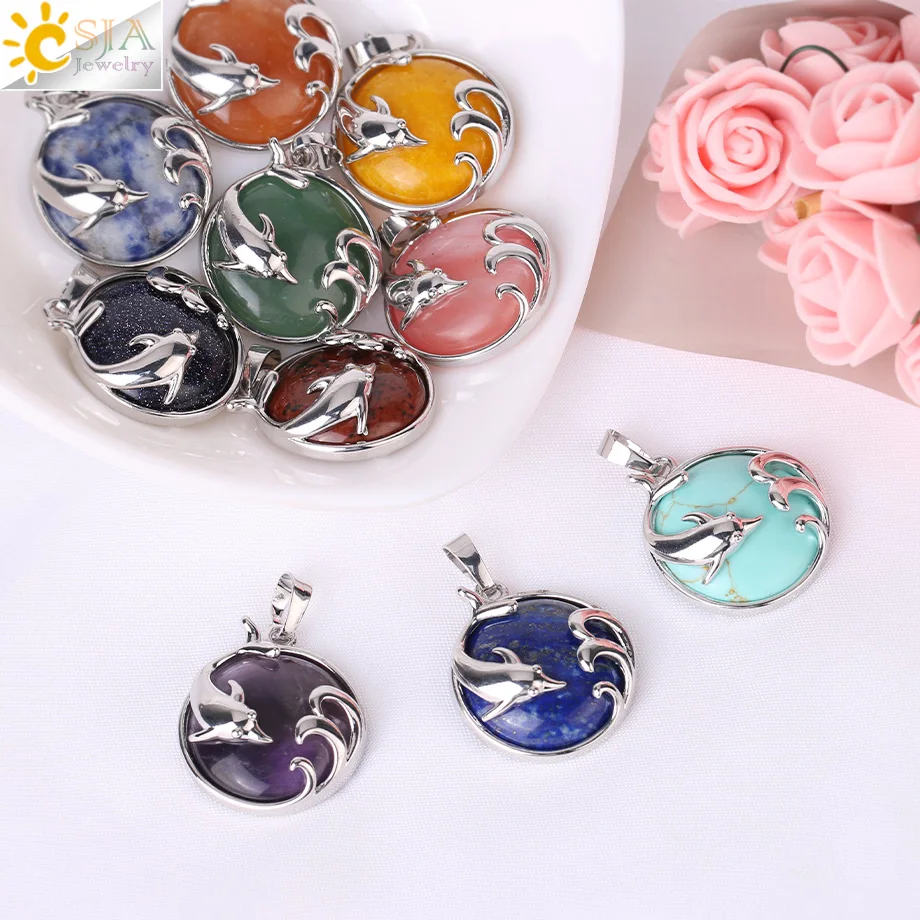 CSJA Healing Dolphin Charm Pendant Natural Stone Cabochon Crystal Ocean Animal Pendants Making DIY Jewelry Accessories H030