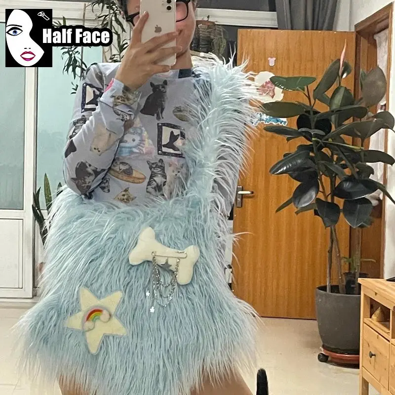 Y2K Girls Harajuku Gothic Blue White Punk American Retro Pentagram One Shoulder Lolita Women's Long Furry Crossbody Bags Tote