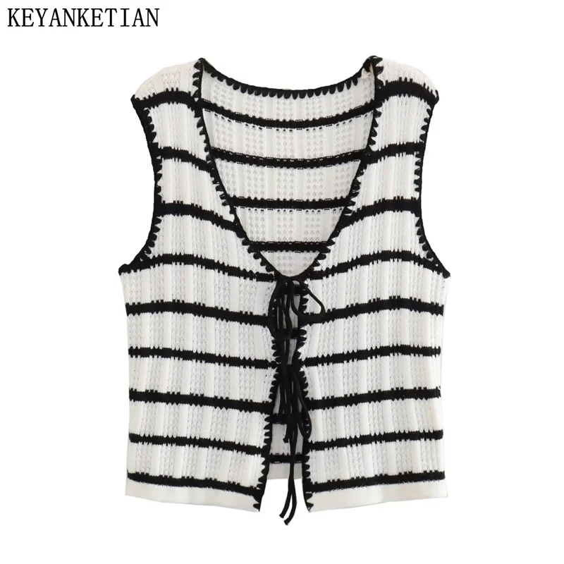 KEYANKETIAN Women Black White Striped Knitted Vest Retro Style Summer New Front Lace-Up Hollow Short Soft Sleeveless Sweater