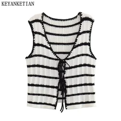 KEYANKETIAN donna nero bianco a righe gilet lavorato a maglia stile retrò estate nuovo davanti Lace-Up Hollow corto morbido maglione senza maniche