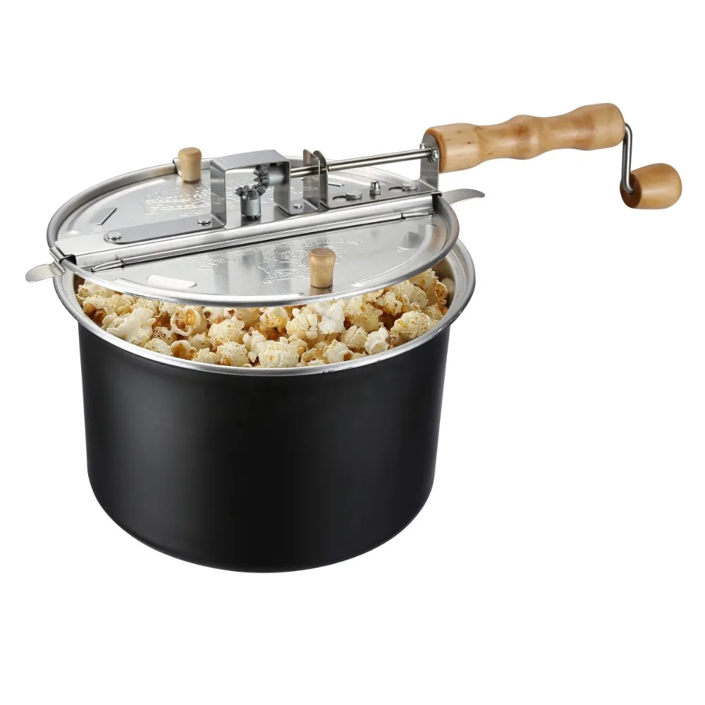 

Stovetop Popcorn Maker – 6.5-Quart Popper Pan with Wooden Crank Handle and Internal Kernel Stirrer (Black)