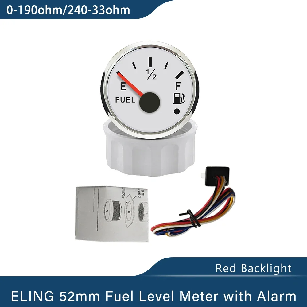 ELING 52mm Fuel Level Gauge Meter 0-190ohm 240-33ohm with Red Backlight and Alarm for 12V 24V Auto Ships Motorcycle Universal