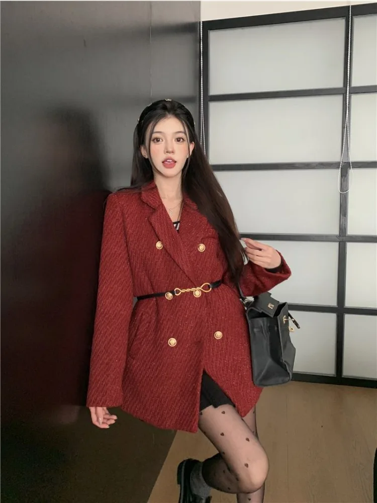 Lnsozkdg 2024 Autumn Winter Suit Coat Women Notched Double Breasted Feather Tassel Trim Slim Tweed Jacket Free Belt Women Blazer