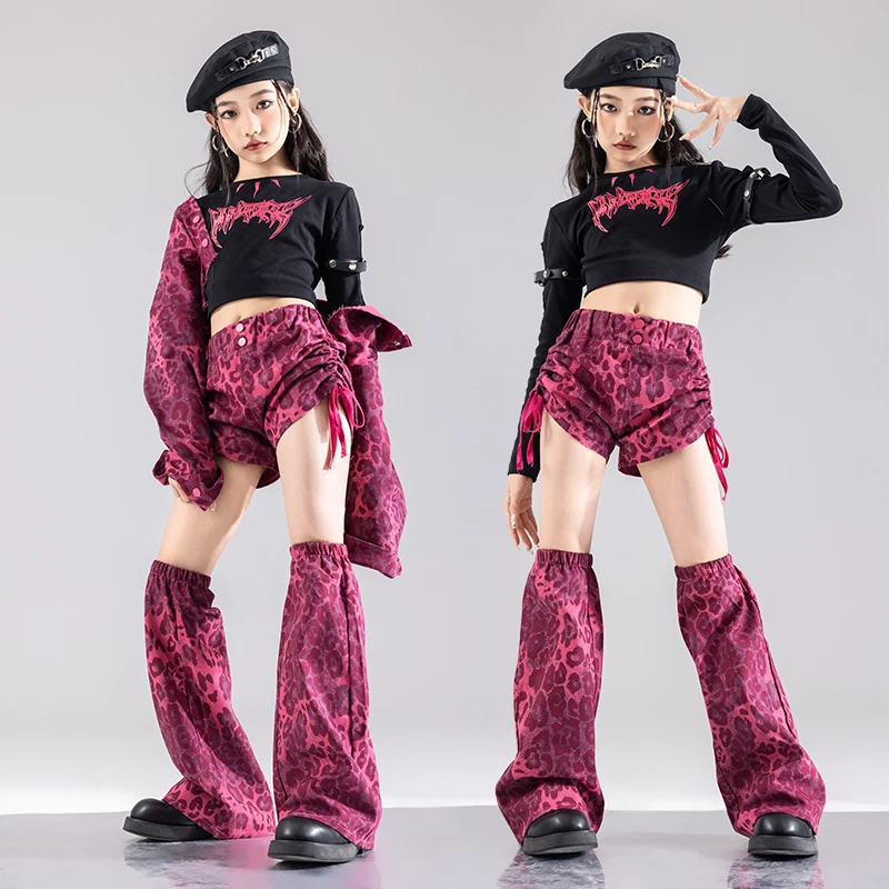 Kids Hip Hop Tops leopard pattern Streetwear Dance Cargo Pants Girls Perforamance Suit Children Jazz Costumes K-pop Clothes Set